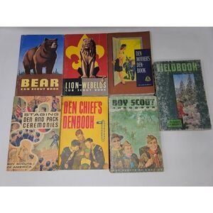 LOT OF 7 BOY CUB SCOUT BOOKS 60'S BEAR LION DEN CHIEF MOTHER HAND FIELD BOOK
